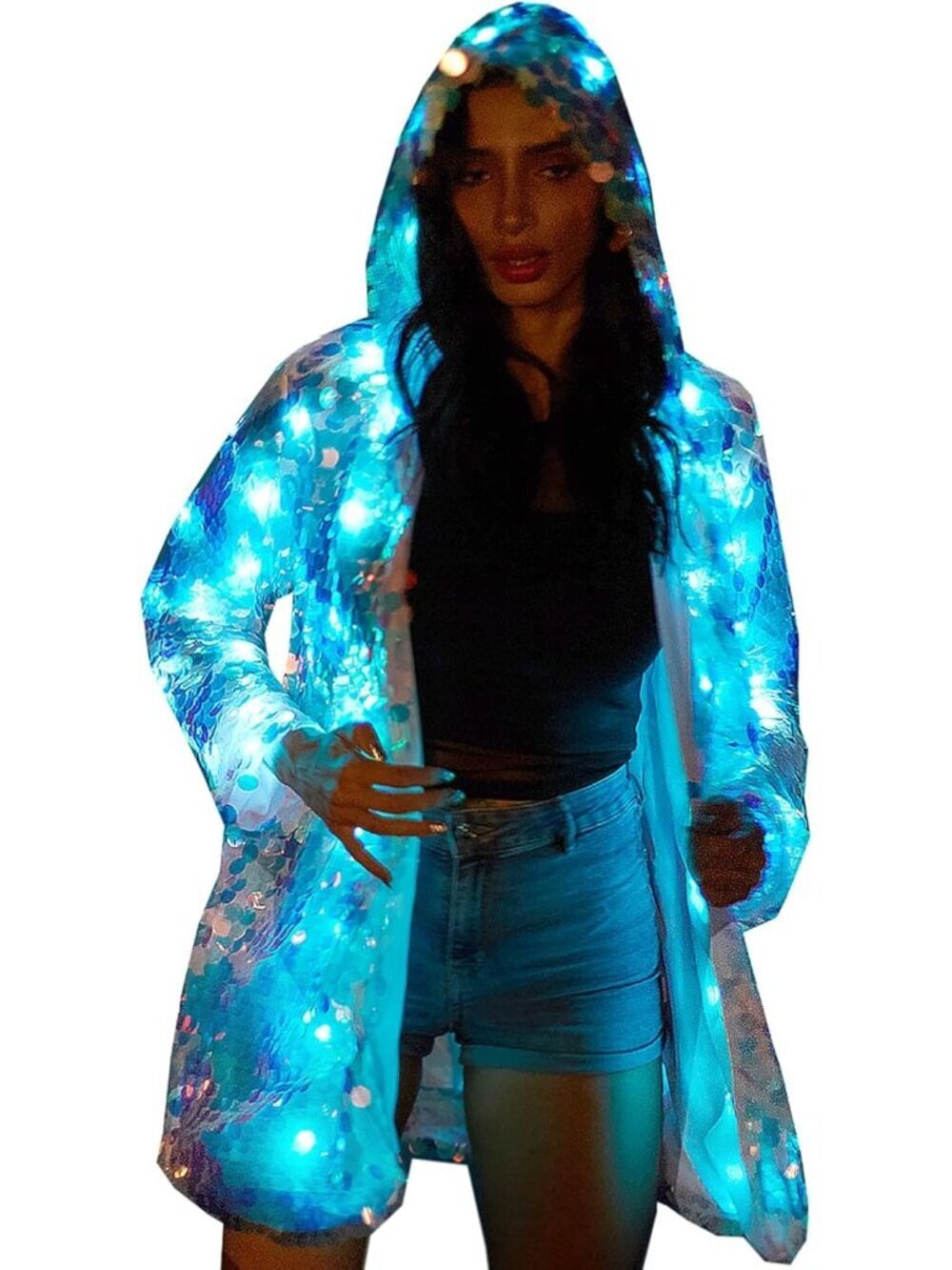 Women's Led Light Up Sequin Flash Sparkly Coat Led Rave Costume Jacket